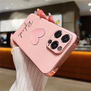 INS 3D Cute Love Heart Personalized Name Case For iPhone 11 12 13 14 15 16 Pro Max Luxury Korea Plating Leather Custom DIY Cover - Image 1