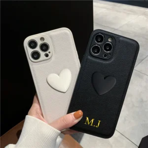 Personalized Customized Name Initials Letters DIY Engraved Case For iPhone 16 15 14 13 12 11 Pro Max Leather 3D Love Heart Cover - Image 1