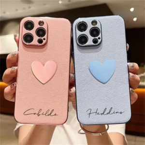 INS 3D Cute Love Heart Personalized Name Case For iPhone 11 12 13 14 15 16 Pro Max Luxury Korea Plating Leather Custom DIY Cover - Image 4