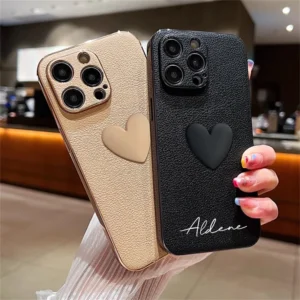 INS 3D Cute Love Heart Personalized Name Case For iPhone 11 12 13 14 15 16 Pro Max Luxury Korea Plating Leather Custom DIY Cover - Image 3