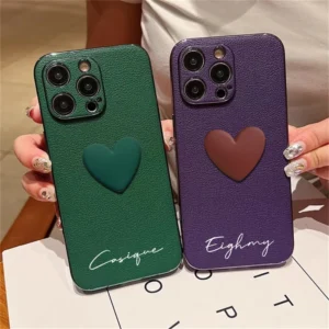 INS 3D Cute Love Heart Personalized Name Case For iPhone 11 12 13 14 15 16 Pro Max Luxury Korea Plating Leather Custom DIY Cover - Image 2