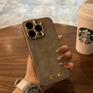 Personalised Custom Initials Name Case For iPhone 16 15 14 13 12 11 Pro Max Plating Bumper Lambskin Leather Lens Cover 15 16 Pro - Image 2